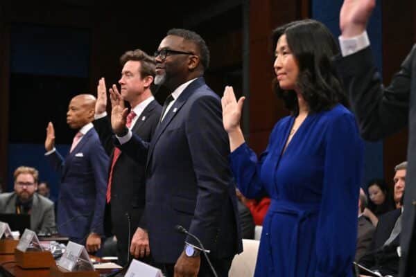 Photo: (LR) The Mayor of New York City, Eric Adams, Denver Mayor Michael Johnston, the mayor of Chicago, Brandon Johnson, and Boston Mayor Michelle Wu during a Chamber Supervision Committee and a Government Reform Audience in Washington, DC, on March 5, 2025.