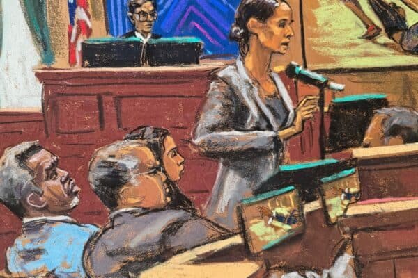 Photo: Sean "Diddy" Combs listens along with their lawyers Marc Agnifilo and Tey Geragos as the assistant lawyer Christy Slavik makes his closing arguments during the combs sexual trafficking trial in New York City, on June 26, 2025.